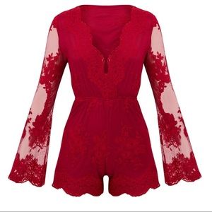 Red Lace Bell Sleeve Romper in New condition